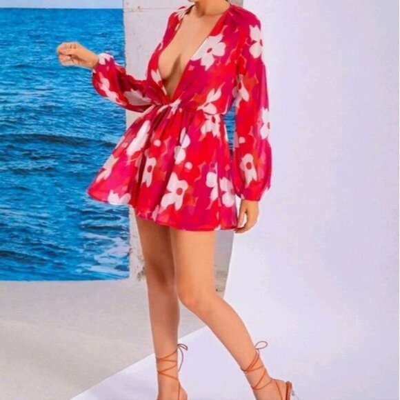 FLORAL DEEP PLUNGING DRESS - Picture 6 of 8